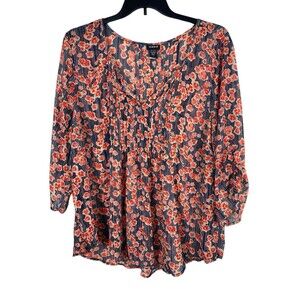Torrid 3 Floral Blouse Navy Red Orange Print Pleated Boho Peasant Top Sheer 3X